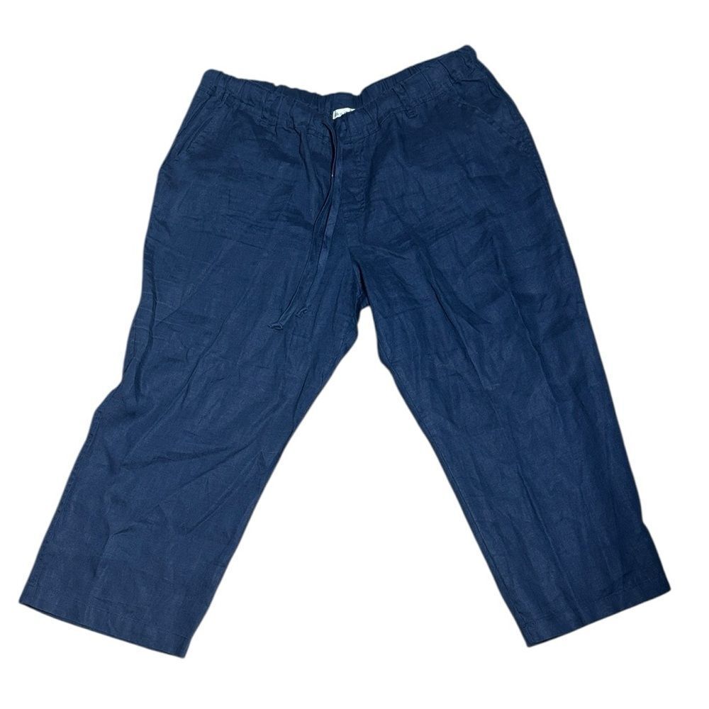 Allen Allen women’s xl navy blue crop drawstring linen pants capsule